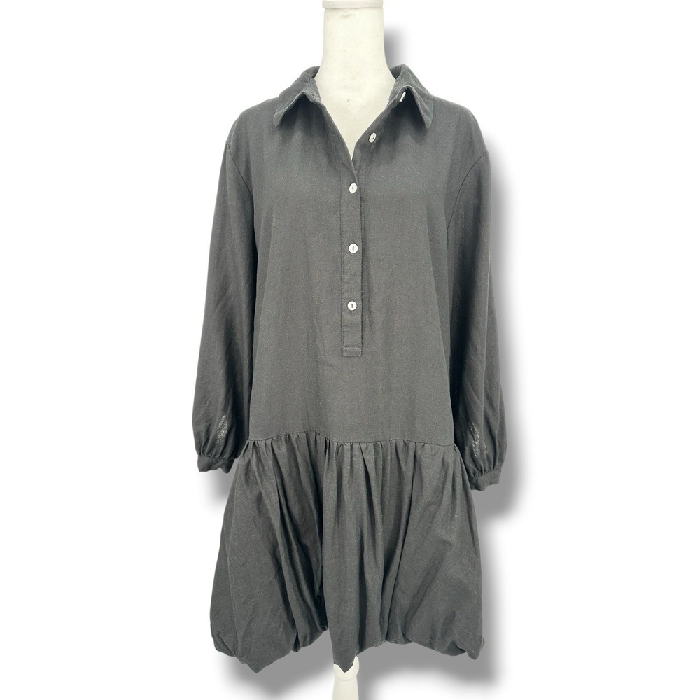 Cynthia Rowley Drop Waist Bubble Hem Linen Blend Dress Black S Lagenlook Boho